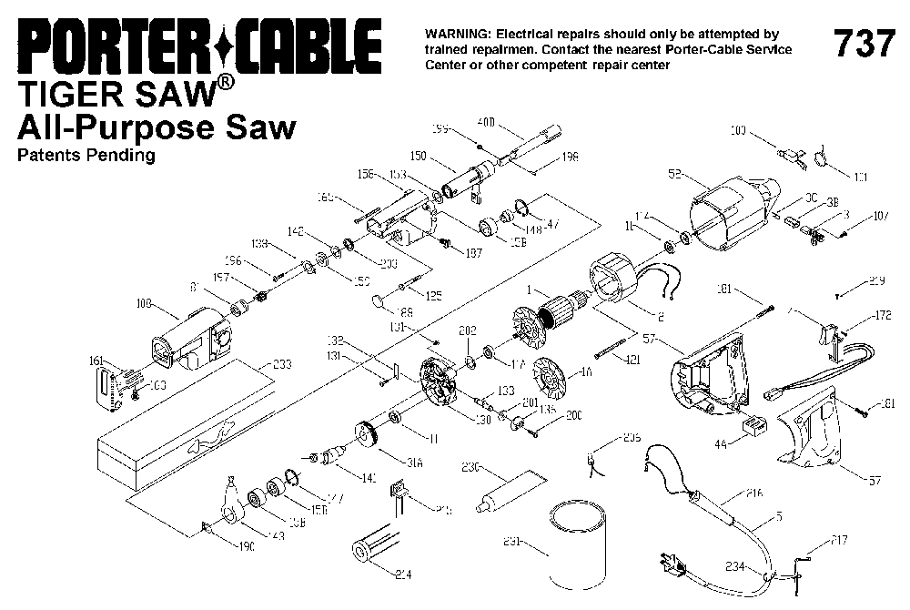 Exploded Diagram A Diagram and Parts List for PC9737 Type 2 Porter Cable Reciprocating Saw